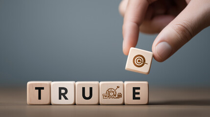 Business Icons Dice and Wooden Blocks with True Word