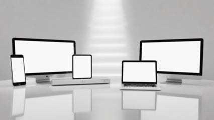 Transparent a collection of modern electronic devices including a smartphone, tablet, laptop, and two computer monitors arranged on a reflective surface with a bright background mockup 