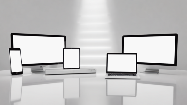 Transparent a collection of modern electronic devices including a smartphone, tablet, laptop, and two computer monitors arranged on a reflective surface with a bright background mockup 