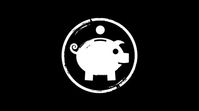Piggy bank stamp and hand stamping impact isolated animation. Savings money box 3D concept. Alpha matte channel.