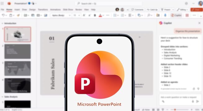 Microsoft PowerPoint logo displayed on a modern smartphone, application of the presentation program behind, new 2025 logo, software, Microsoft 365, presentation slides, business, conference