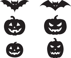 Black Halloween Silhouettes Set: Flying Bats and Jack-o'-Lantern Pumpkins Icons