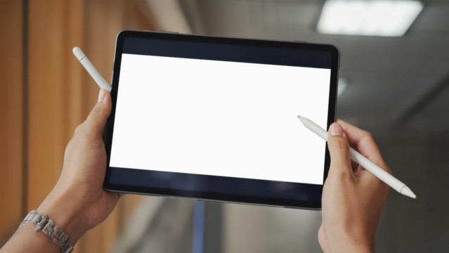 Transparent closeup of hands holding a tablet with a blank white screen and a stylus pen, suggesting digital work or creative activity mockup 