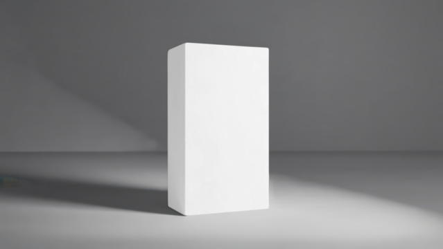 Transparent a plain white rectangular box stands on a gray surface with soft light casting shadows mockup 
