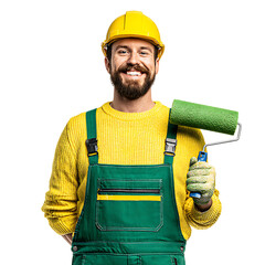 Smiling painter with a paint roller and wearing a yellow hard hat