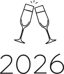 Champagne Glasses and 2026 Typography Minimal Black Vector Greeting