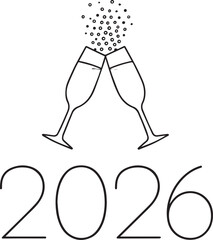Champagne Glasses and 2026 Typography Minimal Black Vector Greeting