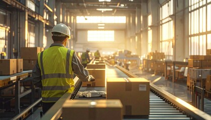Naklejka premium Packaging Line Operator Sealing Boxes at End of Shift