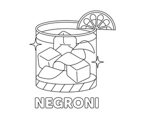 Negroni cocktail with ice cubes and orange slice, black and white line art vector illustration