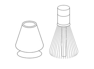 Matcha whisk and holder, traditional Japanese chasen tool, black and white line art vector illustration