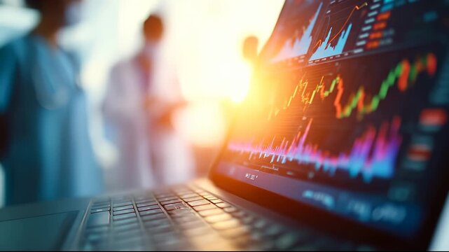 A woman in scrubs stands beside a laptop displaying vibrant data graphs and charts. The laptop's data visualizations highlight the importance of technology in medical analysis and