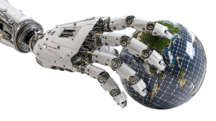 PNG of A futuristic robotic hand holds the Earth, symbolizing technology's impact on sustainability and the environment.