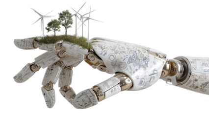 PNG of Futuristic robotic hand holding a miniature green landscape with wind turbines, symbolizing eco-friendly technology.
