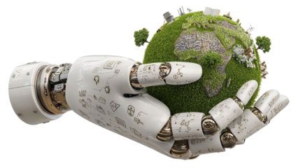 PNG of A futuristic robotic hand cradles a green globe, symbolizing the harmony between technology and nature.
