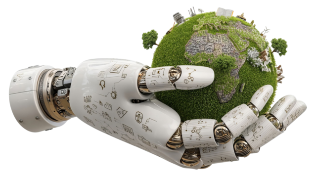 PNG of A futuristic robotic hand cradles a green globe, symbolizing the harmony between technology and nature.