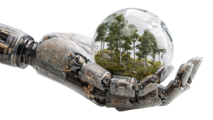 PNG of A robotic hand cradles a glass globe containing a serene forest landscape, symbolizing technology and nature's harmony.