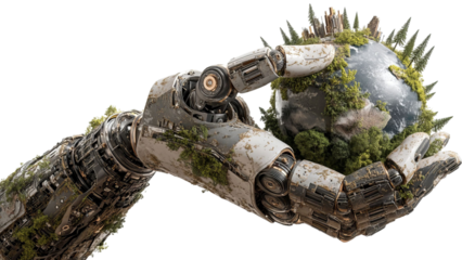 PNG of A futuristic robotic hand cradles a lush, green Earth, symbolizing the harmony between technology and nature.