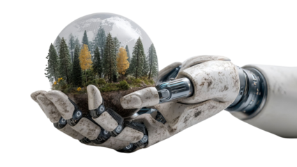 PNG of A robotic hand gently cradles a globe of lush forests, symbolizing harmony between technology and nature.