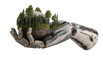 PNG of A futuristic metallic robotic hand delicately cradles a miniature world of lush trees, symbolizing harmony between technology and nature.