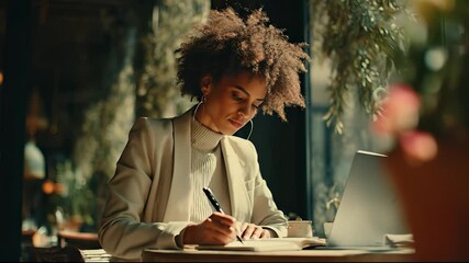 A woman in a stylish outfit writes in her notebook at a cozy café table, surrounded by greenery. This inviting café scene captures the woman's focus on her work and creativity.