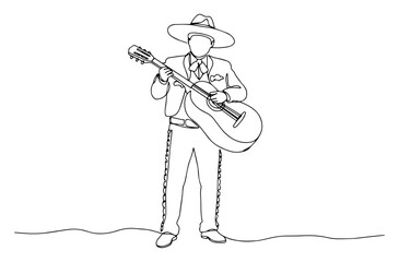 Continuous line art mariachi guitarist – minimalist one‑line vector illustration of Mexican musician in sombrero playing acoustic guitar