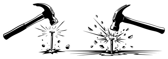 Hammer striking nail with flying sparks – dynamic construction impact scene, bold hand‑drawn vector illustration of carpentry tool in action © Luka