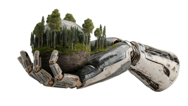 PNG of A futuristic metallic robotic hand delicately cradles a miniature world of lush trees, symbolizing harmony between technology and nature.