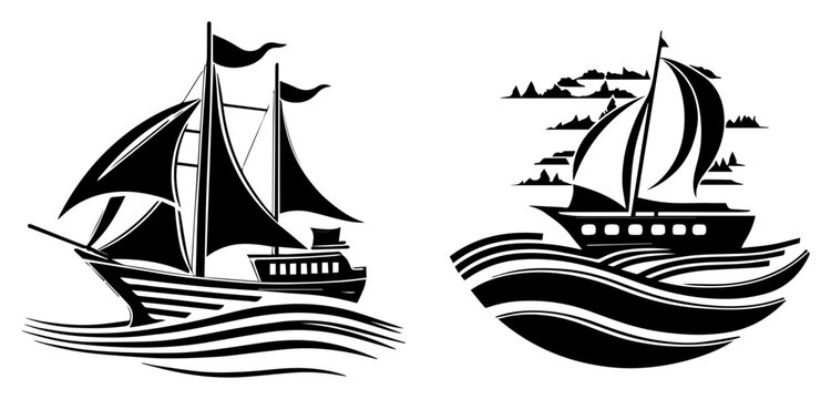 Stylized sailing ships on rolling waves &ndash; bold nautical silhouette vector illustration of classic tall vessel and modern sailboat