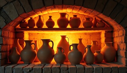 Clay pots sit in a glowing hot kiln. Earthenware vessels bake at high temperatures. Artisan crafts are made in a brick furnace. Ceramic creation process.
