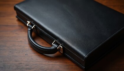 Black leather briefcase rests on wooden table. It is designed for work, business or documents. Elegant pro accessory for office or presentation. Stylish and modern bag close up.