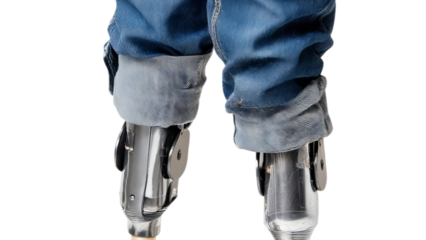 PNG of Close-up of a person's legs with prosthetic limbs, showcasing modern technology and resilience.