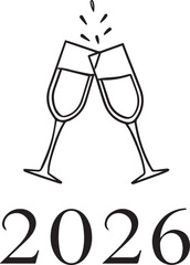 Champagne Glasses and 2026 Typography Minimal Black Vector Greeting