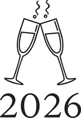 Champagne Glasses and 2026 Typography Minimal Black Vector Greeting