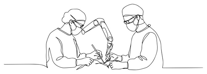 Robotic surgery operation continuous line art – surgeons operating with medical robot, minimalist vector illustration © Luka