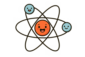 Cute atom character illustrating science and chemistry study with orbiting electrons and smiling nucleus