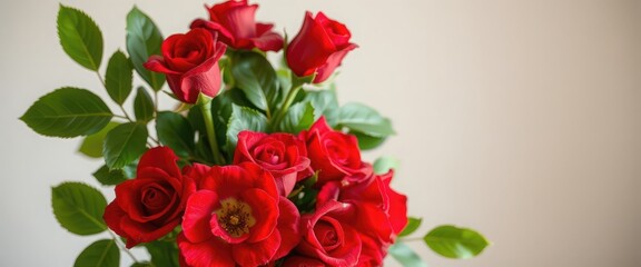 A bouquet of red roses with green leaves arranged elegantly. The flowers are vibrant and fresh, perfect for gifting or decoration.