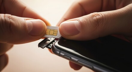 Hands inserting SIM card into smartphone with soft lighting illustrating device setup and enhanced connectivity