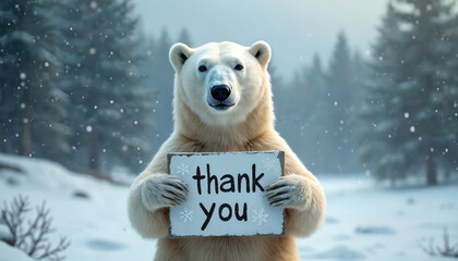Polar bear stands in snowy forest, holding thank sign. Snowflakes fall around wild animal. Bear expresses gratitude, appreciation message from arctic wildlife. Winter scene conveys warm thanks to