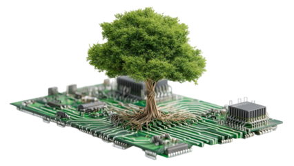 PNG of A vibrant tree emerging from a circuit board, symbolizing the fusion of nature and technology.