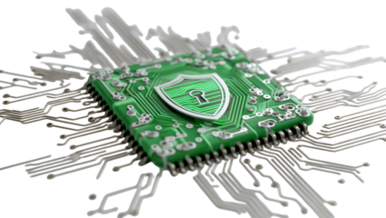 PNG of A close-up of a microchip with a secure shield symbol, representing advanced technology and cybersecurity.