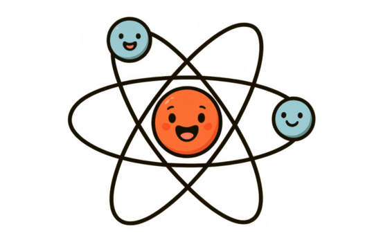Cute atom character illustrating science and chemistry study with orbiting electrons and smiling nucleus