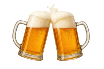 Two full beer mugs clinking together and splashing beer, celebrating a happy moment, with transparent background