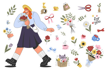 Woman walking with bouquet of flowers and floral elements for greeting cards and gift wrapping