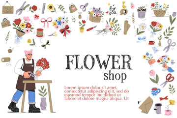 Flower shop illustration with florist arranging flowers and decorative elements for cards and packaging design