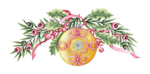 Watercolor wide arrangement with yellow ball Christmas tree ornament and yew branch. Hand drawn with sparkling and pencil texture. Pink and green composition. Perfect for greeting card and design.