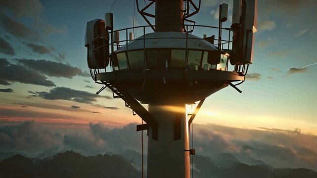 Communication tower reaching towards the sky against a vibrant sunset, highlighting the intersection of technology and nature