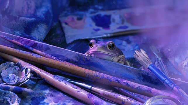 A green frog peeks out from behind paintbrushes and art supplies. The scene is filled with vibrant purple hues and scattered paint palettes.