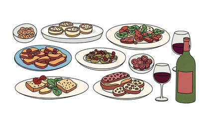 A vibrant collection of diverse illustrated dishes and delightful appetizers paired with elegant red wine for a sophisticated culinary spread design