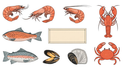 Seafood Collection Fresh Shrimp, Lobster, Crab, Fish, and Mussels Illustration
