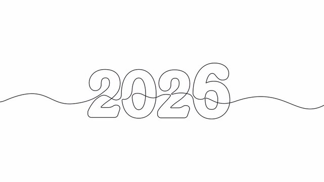 Video. Continuous one line drawing of Happy New Year 2026. Minimalist single line vector illustration for holiday greeting, banner, or festive background design. Animation on white background 4K.